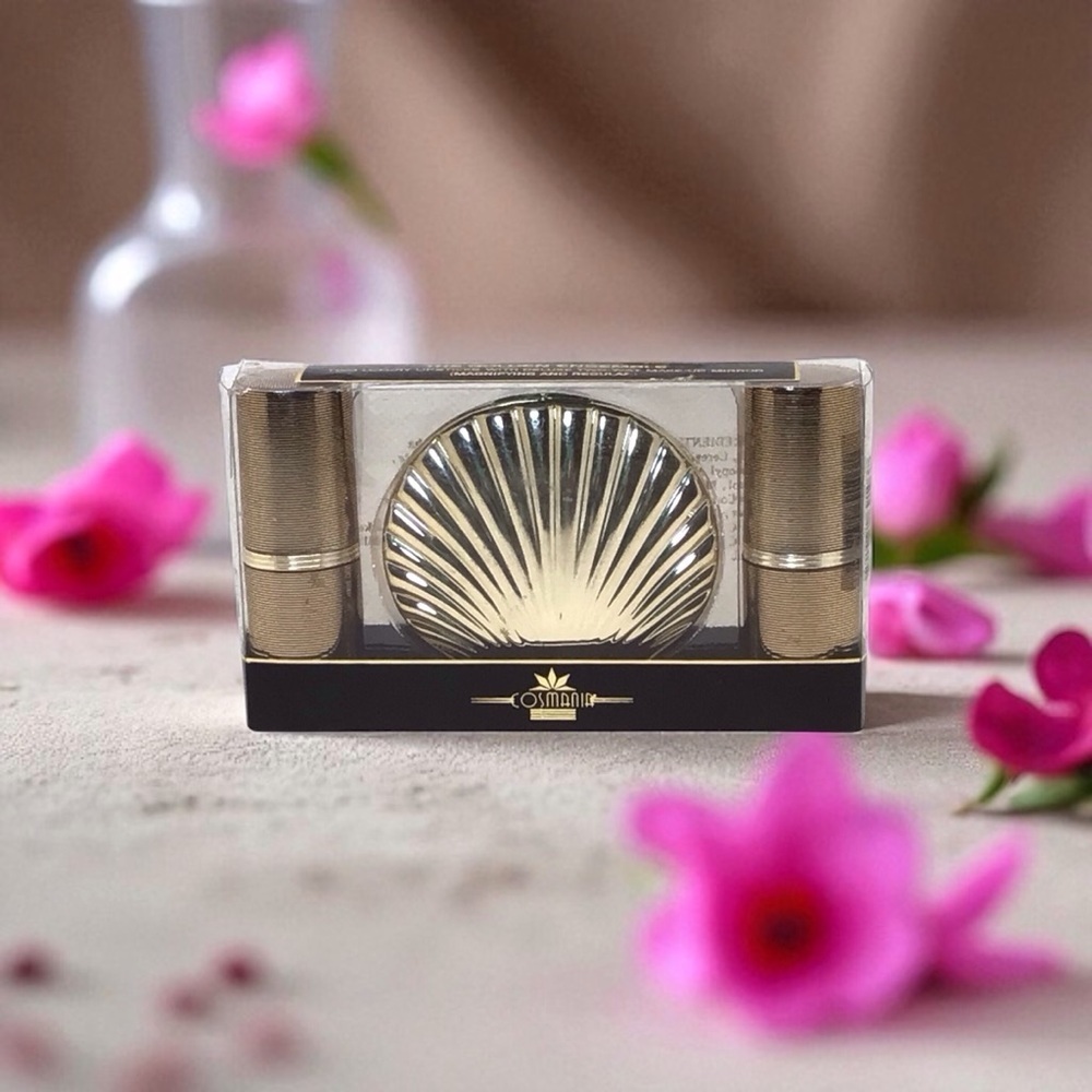 Cosmania Vintage 3pc Glam Golden Ensemble Lipstick & Shell Compact Set